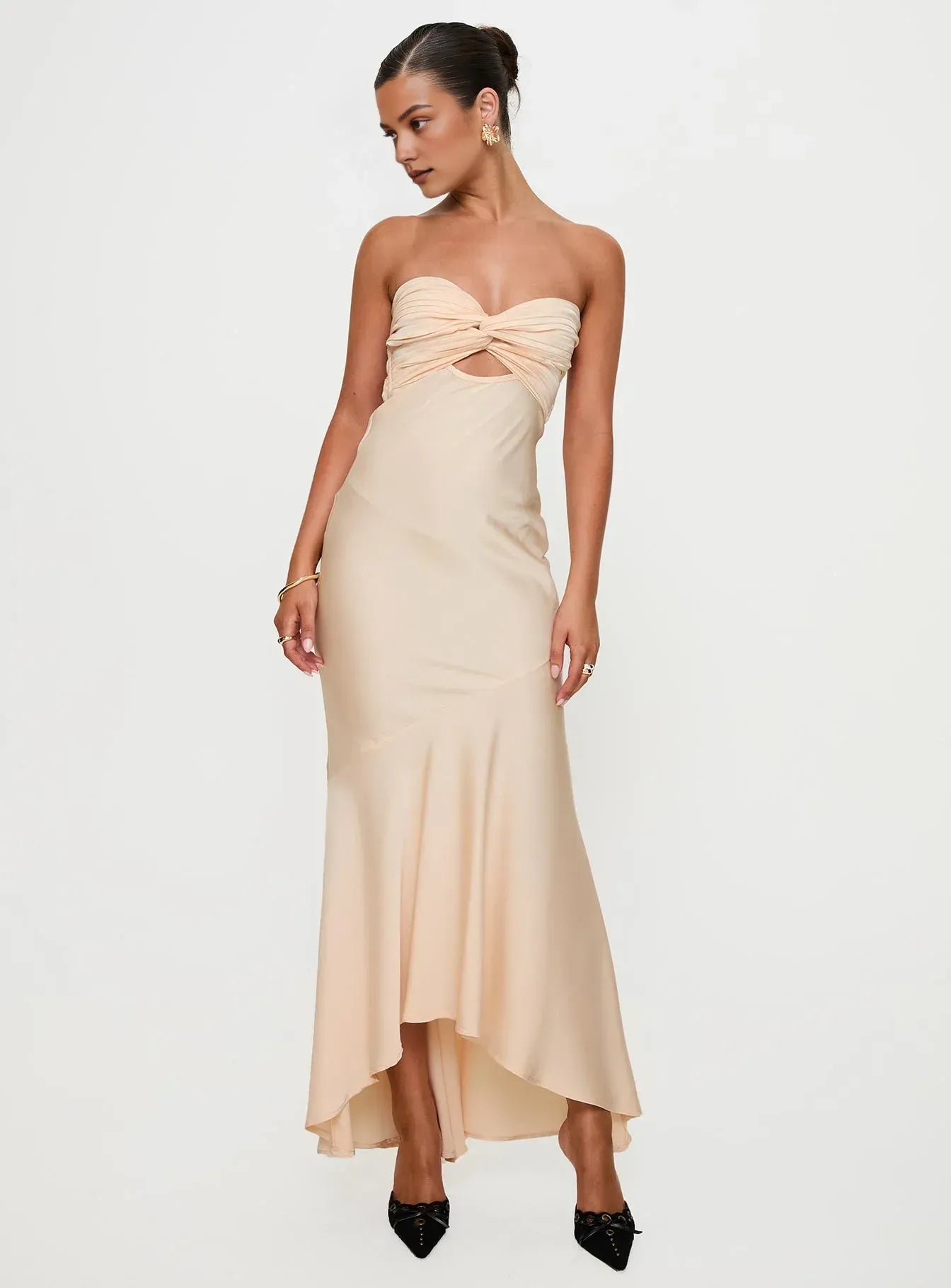 Elegant Satin Strapless Cutout Asymmetric Sleeveless Prom Dress